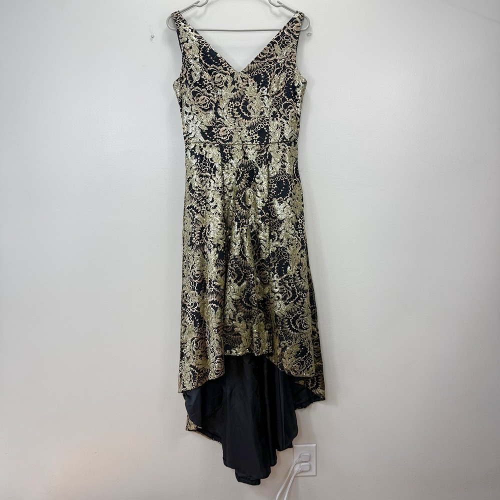 Calvin Klein Black Gold Sequin Hi Low Formal Sleeveless Evening Gown Pockets 6 - Picture 6 of 14